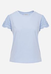 Born2be - Niebieski Bawełniany T-shirt z Koronkowymi Rękawami Carilynore. Okazja: na co dzień. Kolor: niebieski. Materiał: bawełna, koronka. Styl: elegancki, klasyczny, casual #5