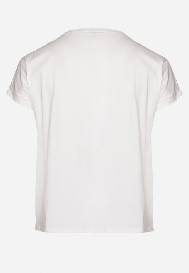 Born2be - Biały T-shirt z Bawełny o Kroju Nietoperza z Metalicznym Nadrukiem Olisenia. Okazja: na co dzień. Kolor: biały. Materiał: bawełna. Wzór: nadruk. Styl: casual