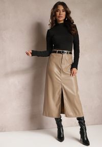 Renee - Ciemnobeżowa Trapezowa Spódnica Maxi z Imitacji Skóry Selariel. Kolor: beżowy. Styl: elegancki #1