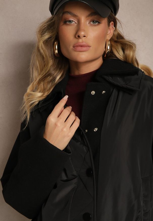 Renee - Czarna Kurtka Zapinana na Napy z Odpinanym Kołnierzem i Materiałowymi Wstawkami Liolie. Okazja: na co dzień. Kolor: czarny. Materiał: materiał. Styl: elegancki, casual