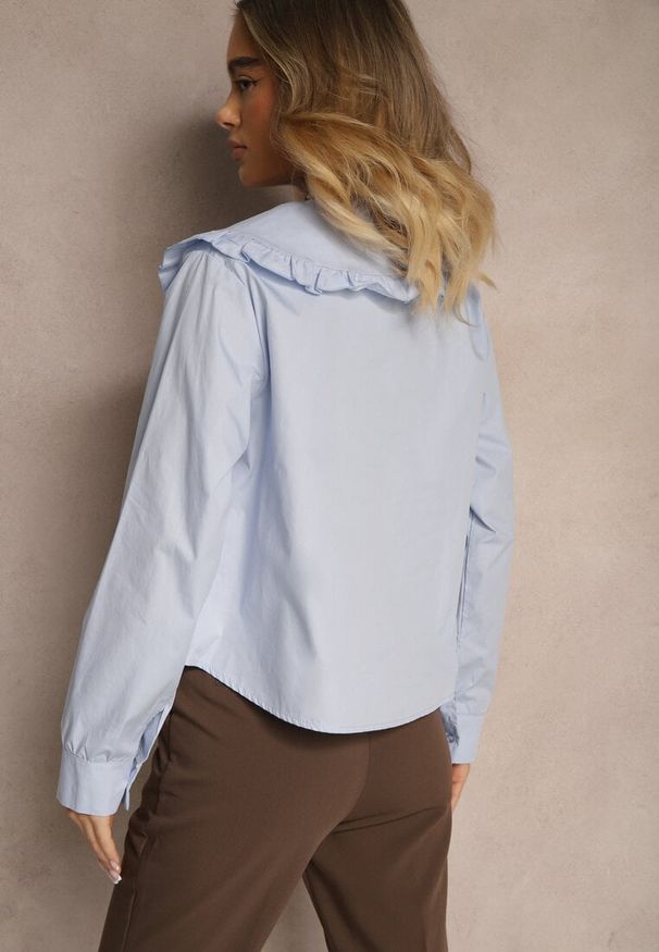 Renee - Niebieska Bawełniana Koszula z Ozdobnym Kołnierzykiem Rulinea. Okazja: na co dzień. Kolor: niebieski. Materiał: bawełna. Styl: casual, elegancki