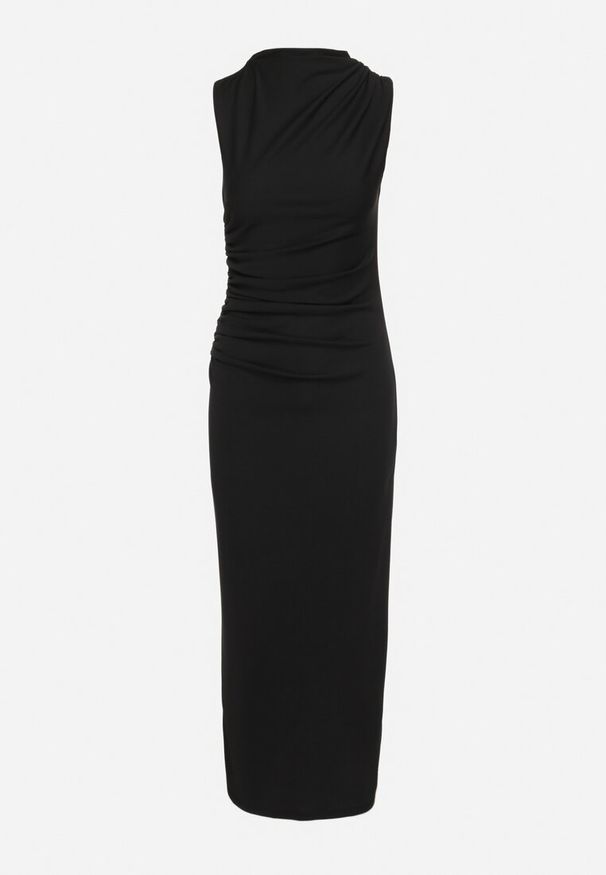 Born2be - Czarna Dopasowana Sukienka Bodycon z Dekoracyjnym Marszczeniem Bez Rękawów Tykena. Okazja: na imprezę. Kolor: czarny. Długość rękawa: bez rękawów. Typ sukienki: bodycon. Styl: wizytowy