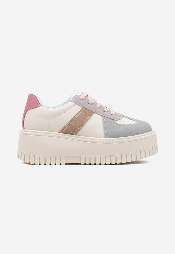 Born2be - Beżowo-Niebieskie Sneakersy w Stylu Tenisówek na Platformie z Tłoczeniami Firreis. Okazja: na co dzień. Kolor: beżowy. Materiał: jeans. Obcas: na platformie