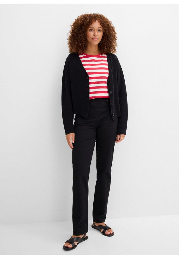 bonprix - Spodnie twillowe z elastycznego materiału z bawełną. Kolor: czarny. Materiał: bawełna, materiał. Wzór: prążki