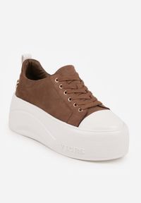Renee - Ciemnobeżowe Sneakersy VICES na Platformie z Metaliczną Aplikacją i Napisem Beli. Okazja: na co dzień. Kolor: beżowy. Szerokość cholewki: normalna. Wzór: aplikacja, napisy. Obcas: na platformie #9