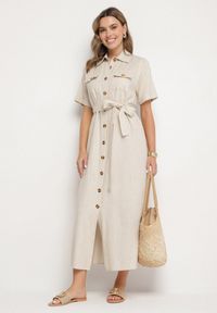 Born2be - Beżowa Sukienka Koszulowa z Materiałowym Paskiem z Lnu i Wiskozy Werilene. Okazja: na co dzień. Typ kołnierza: kołnierzyk klasyczny. Kolor: beżowy. Materiał: materiał, len, wiskoza. Sezon: lato. Typ sukienki: koszulowe. Styl: casual, klasyczny #5