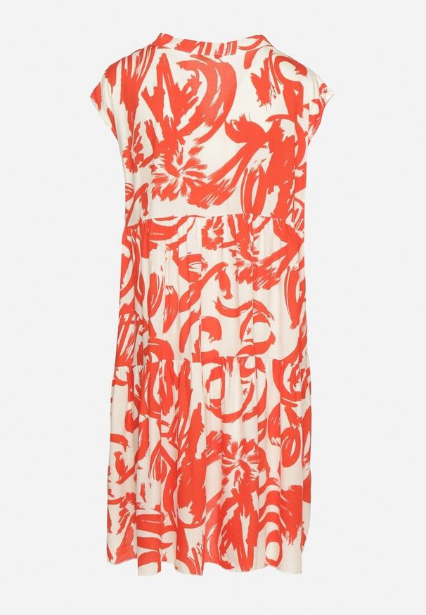 Born2be - Pomarańczowa Bawełniana Sukienka z Abstrakcyjnym Wzorem Lioraia. Okazja: na co dzień. Typ kołnierza: dekolt w kształcie V. Kolor: pomarańczowy. Materiał: bawełna. Długość rękawa: krótki rękaw. Typ sukienki: proste. Styl: casual, elegancki