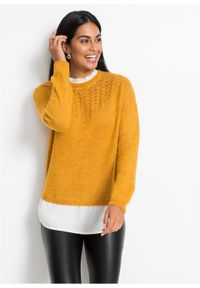 Sweter ażurowy z koszulową wstawką bonprix ciemnożółty. Kolor: żółty. Wzór: ażurowy #3