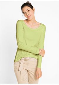 bonprix - Shirt bawełniany z okrągłym dekoltem i długim rękawem. Kolor: zielony. Materiał: bawełna. Długość rękawa: długi rękaw. Długość: długie. Wzór: prążki