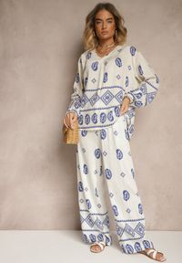 Renee - Biało-Niebieski Komplet w Stylu Etno Spodnie z Gumką w Pasie i Bluzka Oversize Eviralyn. Kolor: biały #4