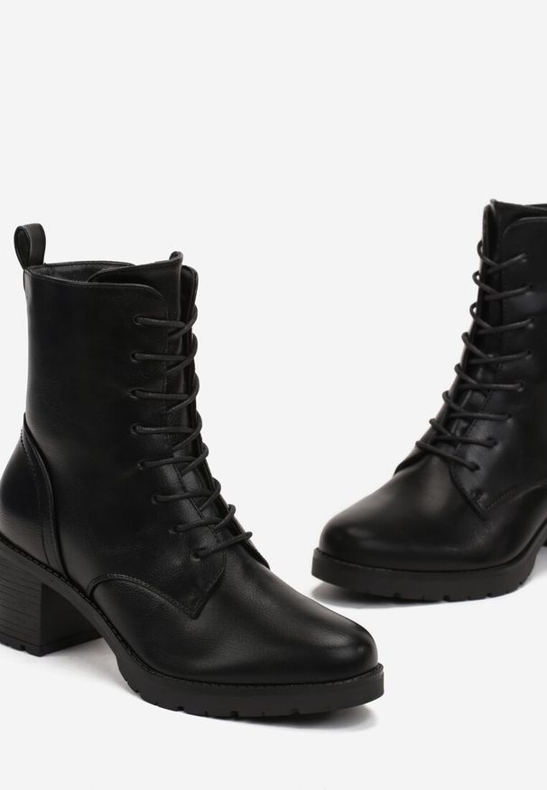 Born2be - Czarne Botki Sznurowane na Słupku Godehilde. Kolor: czarny. Obcas: na słupku. Styl: elegancki