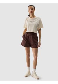 4f - 4F Spodenki dresowe damskie - brązowe XS. Kolor: brązowy. Materiał: dresówka. Długość: krótkie. Wzór: ze splotem, gładki, jednolity #1