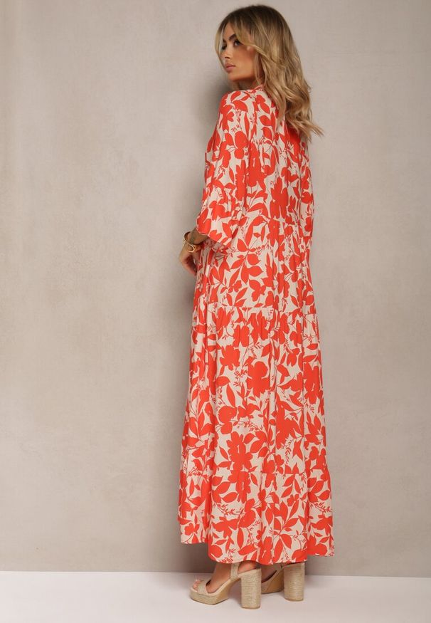 Renee - Czerwona Rozkloszowana Sukienka Maxi na Guziki z Abstrakcyjnym Wzorem Uvellia. Kolor: czerwony. Sezon: wiosna, lato. Długość: maxi