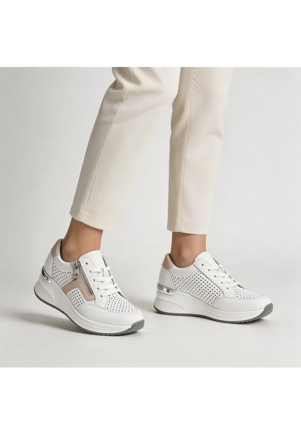 Sneakersy damskie Vinceza, ze skóry naturalnej licowej ażurowa cholewka zamek i sznurowanie lekka podeszwa, białe, 95403. Okazja: na co dzień, na spacer. Zapięcie: sznurówki. Kolor: biały. Materiał: skóra. Szerokość cholewki: normalna. Wzór: ażurowy. Obcas: na platformie. Styl: elegancki, casual, klasyczny, sportowy