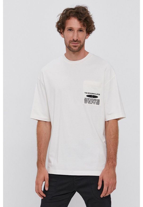 Drykorn - T-shirt bawełniany Bruce. Kolor: biały. Materiał: bawełna. Wzór: nadruk