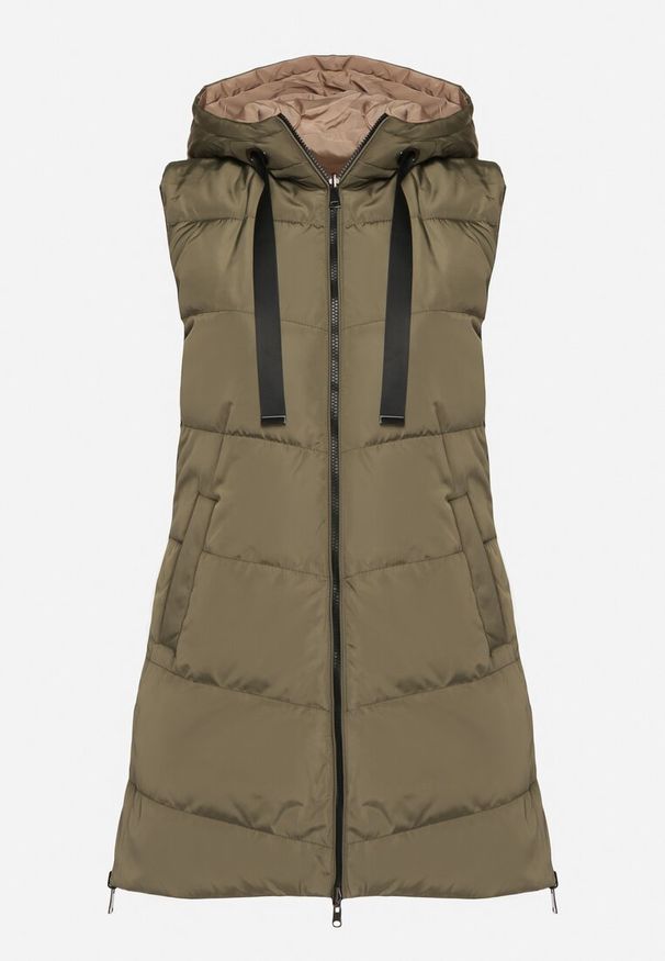 Born2be - Ciemnozielona Pikowana Kamizelka Dwustronna z Kapturem i Troczkami Nevetiani. Typ kołnierza: kaptur. Kolor: zielony. Materiał: jeans. Styl: elegancki