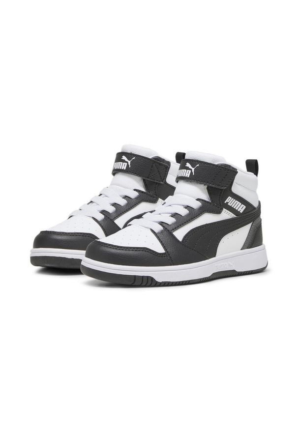 Buty do chodzenia dla dzieci Puma 01 Rebound V6 Mid. Wysokość cholewki: za kostkę. Zapięcie: rzepy. Kolor: biały, wielokolorowy, czarny, szary. Materiał: materiał, syntetyk. Szerokość cholewki: normalna. Sport: turystyka piesza