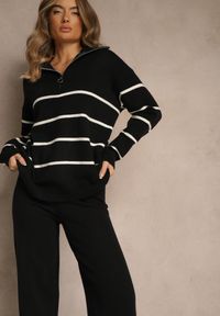 Renee - Czarny Komplet z Dzianiny z Wełną Spodnie i Pasiasty Sweter z Suwakiem Tiarrea. Kolor: czarny. Materiał: wełna, dzianina