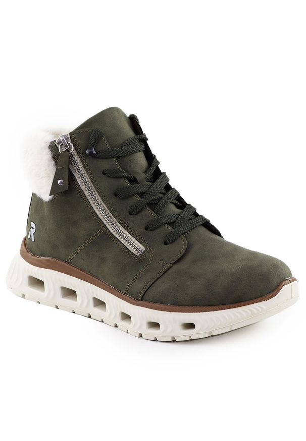 Wodoodporne traperki damskie ultra lekkie zielone Rieker M6014-54. Kolor: zielony. Materiał: skóra