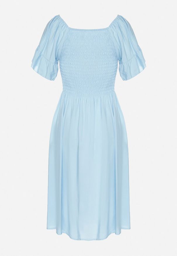 Born2be - Jasnoniebieska Rozkloszowana Sukienka Bawełniana z Bufiastymi Rękawami i Elastyczną Górą Veliova. Okazja: na co dzień. Kolor: niebieski. Materiał: bawełna. Styl: casual, elegancki