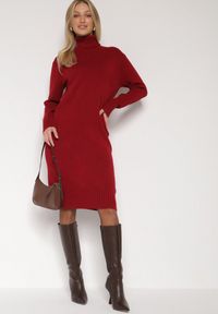 Born2be - Bordowa Dzianinowa Sukienka z Bawełną o Prostym Kroju z Golfem Tesala. Okazja: do pracy, na spotkanie biznesowe. Typ kołnierza: golf. Kolor: czerwony. Materiał: bawełna, dzianina. Wzór: jednolity. Typ sukienki: proste. Styl: biznesowy, klasyczny #3