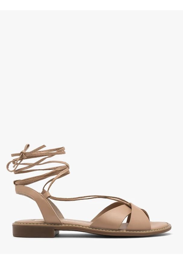 Ryłko - Beżowe sandały z ozdobnym sznurowaniem. Kolor: beżowy. Materiał: skóra. Styl: street