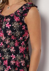 Born2be - Granatowy Kombinezon z Wiskozy Fimo. Kolor: niebieski. Materiał: wiskoza. Długość rękawa: krótki rękaw. Długość: krótkie. Wzór: aplikacja, kwiaty. Sezon: lato #2