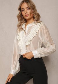 Renee - Beżowa Koszula na Guziki z Ozdobną Koronką Raneem. Kolor: beżowy. Materiał: koronka. Długość: długie. Wzór: koronka #3