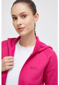 Jack Wolfskin bluza sportowa Baiselberg kolor różowy z kapturem gładka. Typ kołnierza: kaptur. Kolor: różowy. Materiał: polar, materiał. Długość rękawa: raglanowy rękaw. Wzór: gładki. Styl: sportowy #5