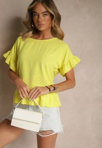 Renee - Żółta Bluzka Oversize Ozdobiona Falbanami Liriele. Okazja: na co dzień. Kolor: żółty. Materiał: jeans. Wzór: aplikacja. Styl: casual #3