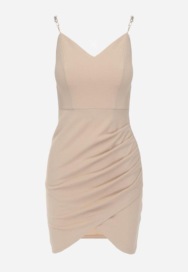 Born2be - Beżowa Sukienka Mini na Ozdobnych Ramiączkach z Asymetrycznym Dołem Maffah. Okazja: na randkę, na wesele, na ślub cywilny. Kolor: beżowy. Długość rękawa: na ramiączkach. Typ sukienki: asymetryczne. Długość: mini