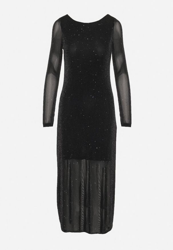 Born2be - Czarna Siateczkowa Sukienka z Odkrytymi Plecami Metaliczną Nicią Wiązana na Szyi Nominia. Okazja: na co dzień. Typ kołnierza: dekolt na plecach. Kolor: czarny. Długość rękawa: długi rękaw. Typ sukienki: oversize, proste. Styl: wizytowy, casual, glamour