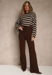 Renee - Brązowe Dzianinowe Spodnie Wide Leg z Ociepleniem Miosea. Okazja: do domu, na spacer, na co dzień. Kolor: brązowy. Materiał: dzianina. Styl: casual, elegancki #1
