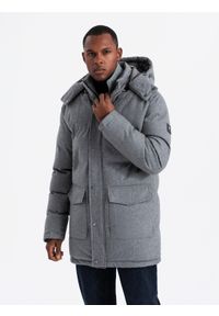 Ombre Clothing - Ciepła długa kurtka męska typu parka z wełną – szary melanż V1 - Rozmiar: M. Kolor: szary. Materiał: wełna. Długość: długie. Wzór: melanż #3
