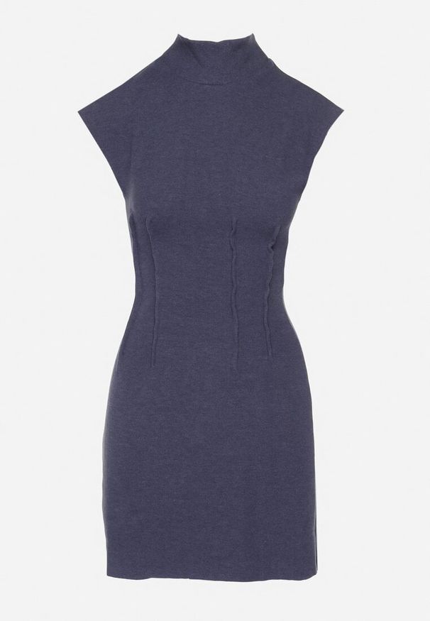 Born2be - Granatowa Sukienka z Prążkowanej Dzianiny o Taliowanym Kroju z Półgolfem Ivarinae. Okazja: na spotkanie biznesowe, na co dzień. Kolor: niebieski. Materiał: dzianina, prążkowany. Długość rękawa: bez rękawów. Styl: elegancki, casual, biznesowy