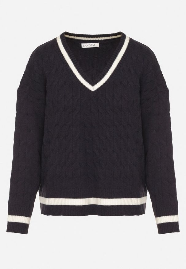 Born2be - Granatowy Sweter Preppy z Domieszką Kaszmiru Zdobiony Strukturalnym Splotem Lorentie. Okazja: na spotkanie biznesowe, do pracy, na co dzień. Typ kołnierza: dekolt w serek. Kolor: niebieski. Materiał: kaszmir. Wzór: aplikacja, ze splotem. Styl: elegancki, biznesowy, klasyczny, casual