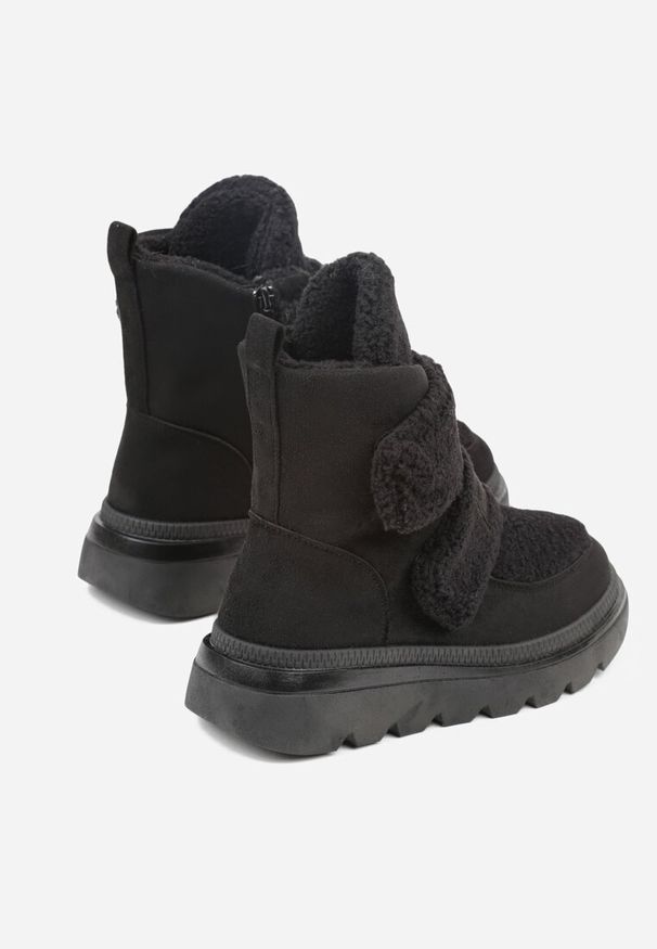 Renee - Czarne Botki Typu Śniegowce na Platformie z Dwoma Ozdobnymi Rzepami Edarlia. Okazja: na co dzień. Zapięcie: rzepy. Kolor: czarny. Materiał: jeans. Obcas: na platformie. Styl: casual, elegancki