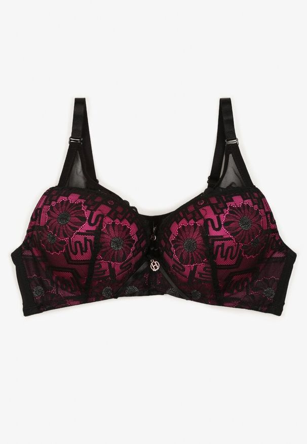 Born2be - Fuksjowy Biustonosz Typu Full Cup z Koronkowym Zdobieniem Ravisella. Kolor: różowy. Materiał: koronka. Wzór: aplikacja