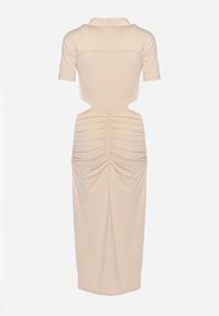 Born2be - Beżowa Sukienka Koszulowa z Wycięciami w Talii i i Marszczeniami Zapinana na Guziki Quvlea. Okazja: na co dzień. Kolor: beżowy. Materiał: jeans, wiskoza. Typ sukienki: koszulowe. Styl: casual #6