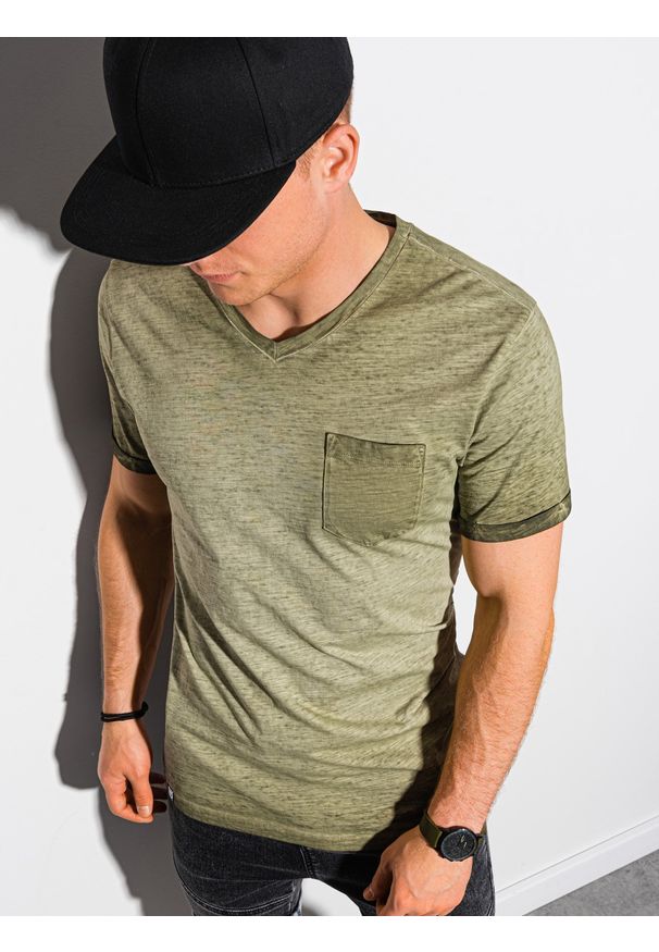 Ombre Clothing - T-shirt męski bawełniany S1388 - oliwkowy - XXL. Kolor: oliwkowy. Materiał: bawełna