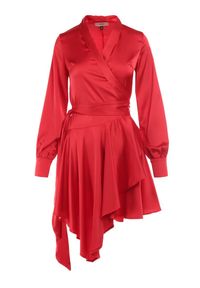 Born2be - Czerwona Sukienka Satynowa Clyminna. Typ kołnierza: kołnierz z falbankami. Kolor: czerwony. Materiał: satyna. Typ sukienki: kopertowe. Styl: glamour, wizytowy #6