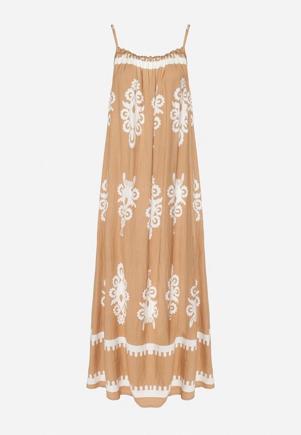 Born2be - Jasnobrązowa Sukienka o Rozkloszowanym Kroju na Ramiączkach w Etniczny Wzór Revoniae. Okazja: na co dzień. Typ kołnierza: dekolt w kształcie V. Kolor: brązowy. Długość rękawa: na ramiączkach. Styl: casual, elegancki