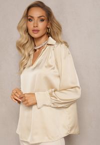 Renee - Beżowa Bluzka z Kołnierzykiem i Ozdobnym Marszczeniem Ariba. Kolor: beżowy. Styl: elegancki #3