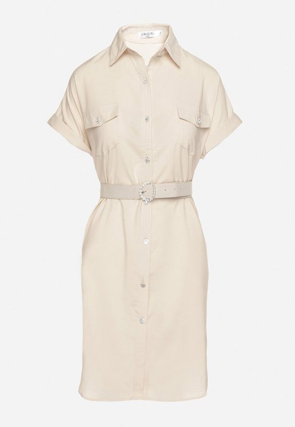 Born2be - Beżowa Sukienka Koszulowa z Bawełną z Ozdobnym Paskiem i Kieszeniami Efrissa. Okazja: na spotkanie biznesowe. Kolor: beżowy. Materiał: bawełna. Długość rękawa: długi rękaw. Typ sukienki: koszulowe. Styl: biznesowy, elegancki, klasyczny