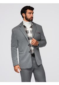 Ombre Clothing - Dzianinowa męska marynarka o dopasowany kroju - jasnoszara V2 - Rozmiar: XL. Okazja: na spotkanie biznesowe, do pracy, na co dzień. Kolor: szary. Materiał: dzianina. Styl: klasyczny, biznesowy, casual, elegancki