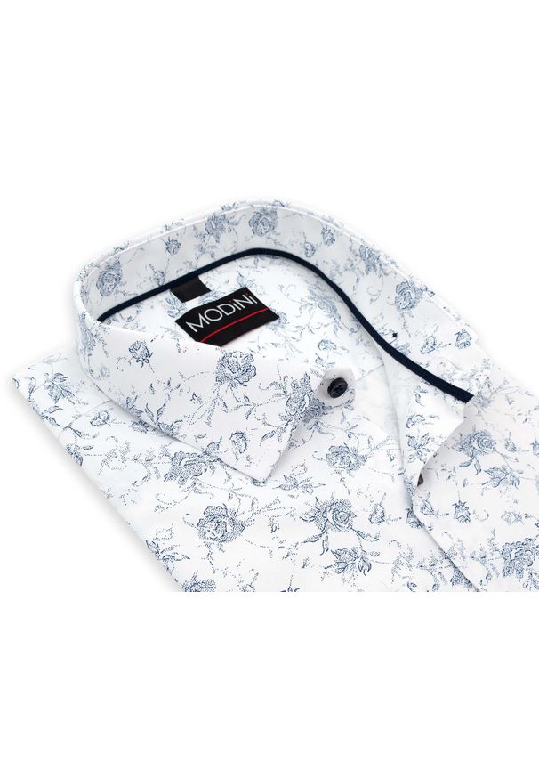 Modini - Biała koszula męska w granatowe kwiaty Y40. Kolor: biały, wielokolorowy, niebieski. Materiał: bawełna, poliester, tkanina. Wzór: kwiaty. Styl: klasyczny
