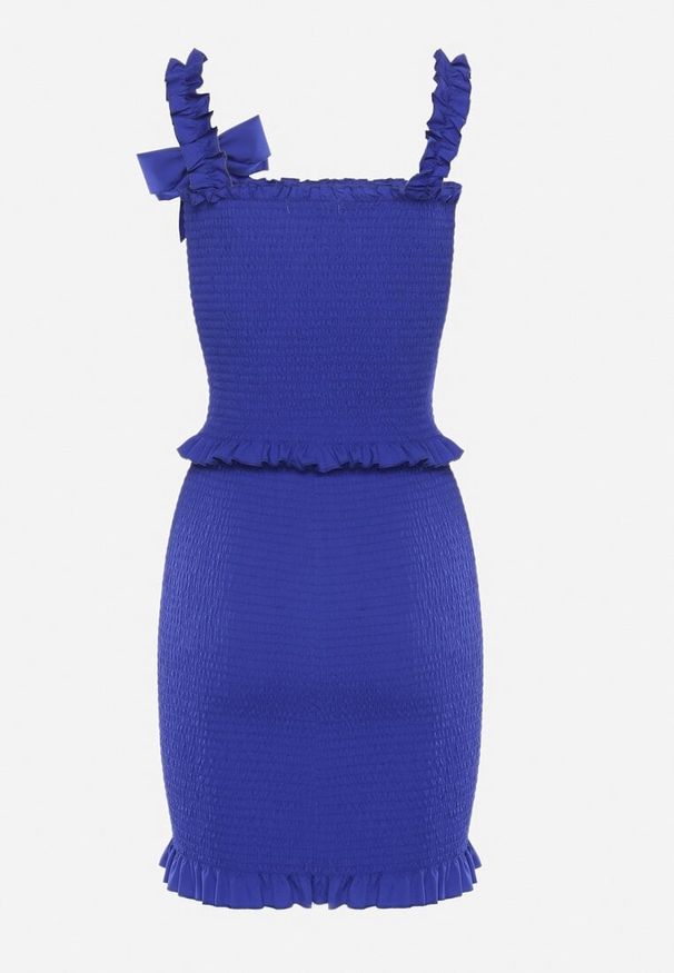 Born2be - Granatowy Dopasowany Komplet z Topem z Kokardką i Spódnicą Mini Tellialina. Kolor: niebieski. Materiał: materiał, jeans. Wzór: aplikacja