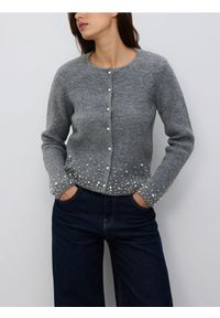 Reserved - Kardigan z aplikacją - szary. Kolor: szary. Materiał: dzianina, wełna. Wzór: aplikacja #1