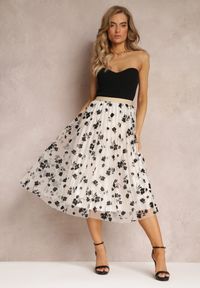 Renee - Jasnobeżowa Spódnica Midi Tiulowa z Welurowymi Kwiatami i Gumką w Talii Zihrosa. Kolor: beżowy. Materiał: welur, tiul. Wzór: kwiaty #1