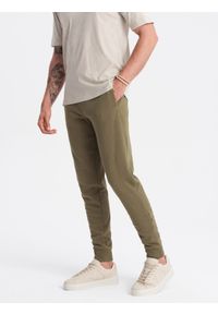 Ombre Clothing - Męskie bawełniane spodnie dresowe joggery BASIC – oliwkowe V2. Okazja: na co dzień. Kolor: oliwkowy. Materiał: dresówka, bawełna. Wzór: aplikacja. Styl: sportowy, casual, elegancki #9